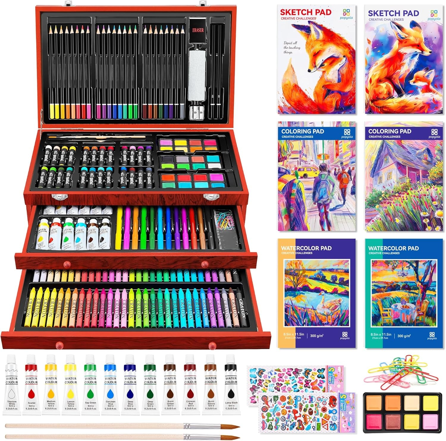 Art Supplies, 269 Piece Deluxe Art Set with 6 Drawing Pads, Watercolor Paints, Crayons, Colored Pencils Set in Wooden Case, Creative Gifts for Artists Adults Kids