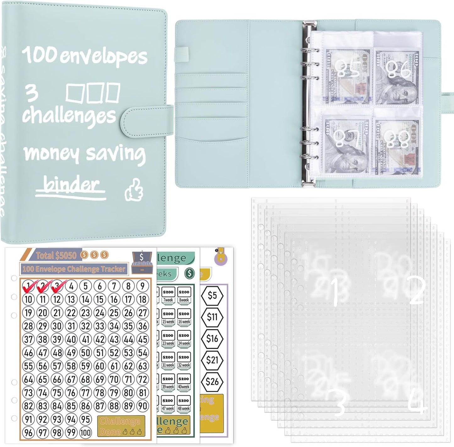 100 Envelopes Money Saving Challenge Binder, A5 Budget Binder with Cash Envelopes, Savings Challenges Book to save $500, $5,050, $10,000 Budget Planner for Budgeting Saving Money, Mint Blue