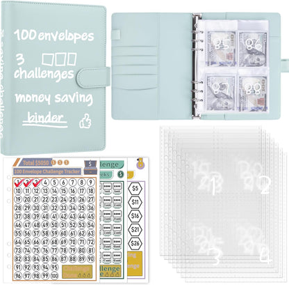 100 Envelopes Money Saving Challenge Binder, A5 Budget Binder with Cash Envelopes, Savings Challenges Book to save $500, $5,050, $10,000 Budget Planner for Budgeting Saving Money, Mint Blue