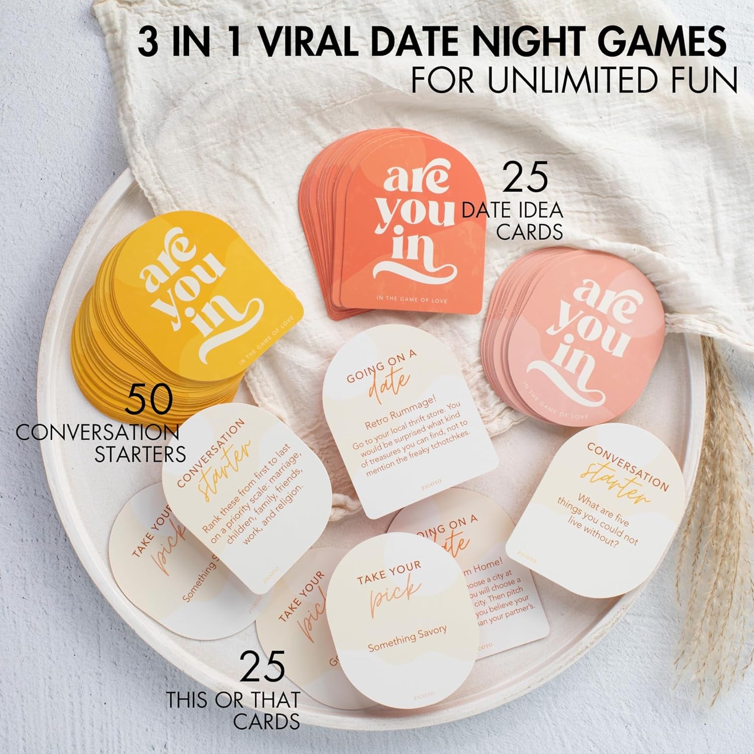 100 Date Ideas and Couples Game Cards - Set of 3 Unique Games for Your Girlfriend, Boyfriend, Wife/Husband, Her/Him as a Gift for Christmas - 25X Date Night Cards, 50X Conversation Starters