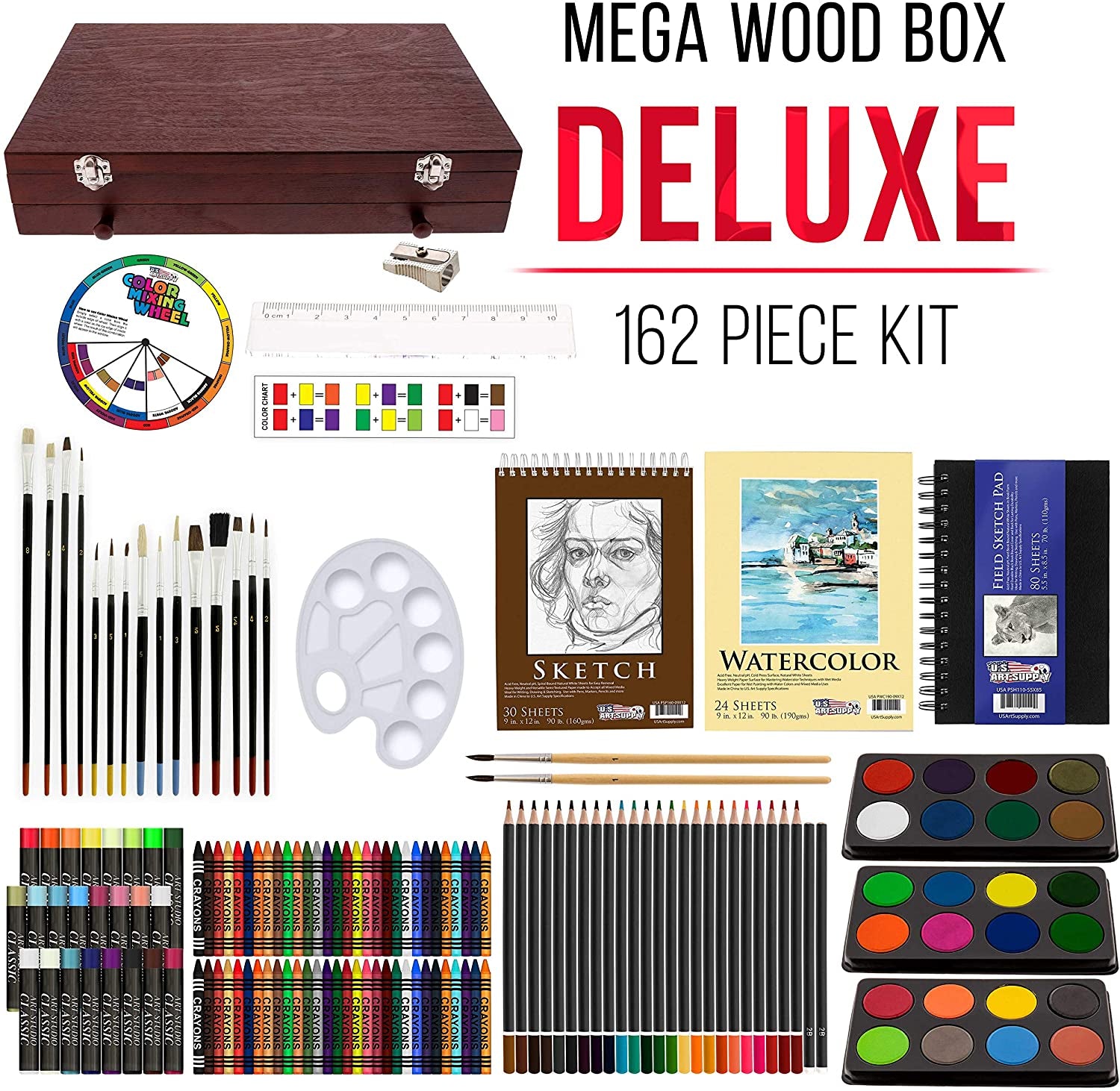 162-Piece Deluxe Mega Wood Box Art Painting and Drawing Set - Artist Painting Pad, 2 Sketch Pads, 24 Watercolor Paint Colors, 24 Oil Pastels, 24 Colored Pencils, 60 Crayons, 2 Brushes