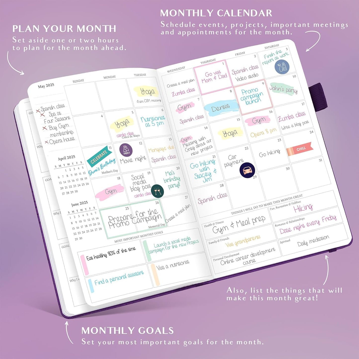 Jan 2025 – Jan 2026 Dated Weekly & Monthly Planner to Hit Your Goals, Increase Productivity & Live Happier. Organizer Notebook & Productivity Journal. A5 Hardcover (Purple)