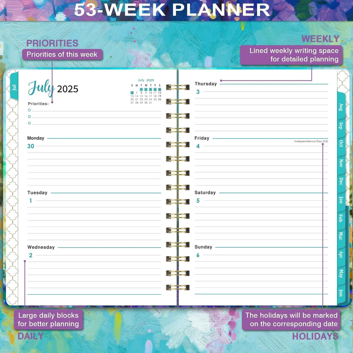 Planner 2025-2026 - Academic Planner 2025-2026, JUL.2025 - JUN.2026, 2025-2026 Planner Weekly and Monthly with Tabs, 6.3" X 8.4", Hardcover with Back Pocket + Thick Paper - Oil Painting