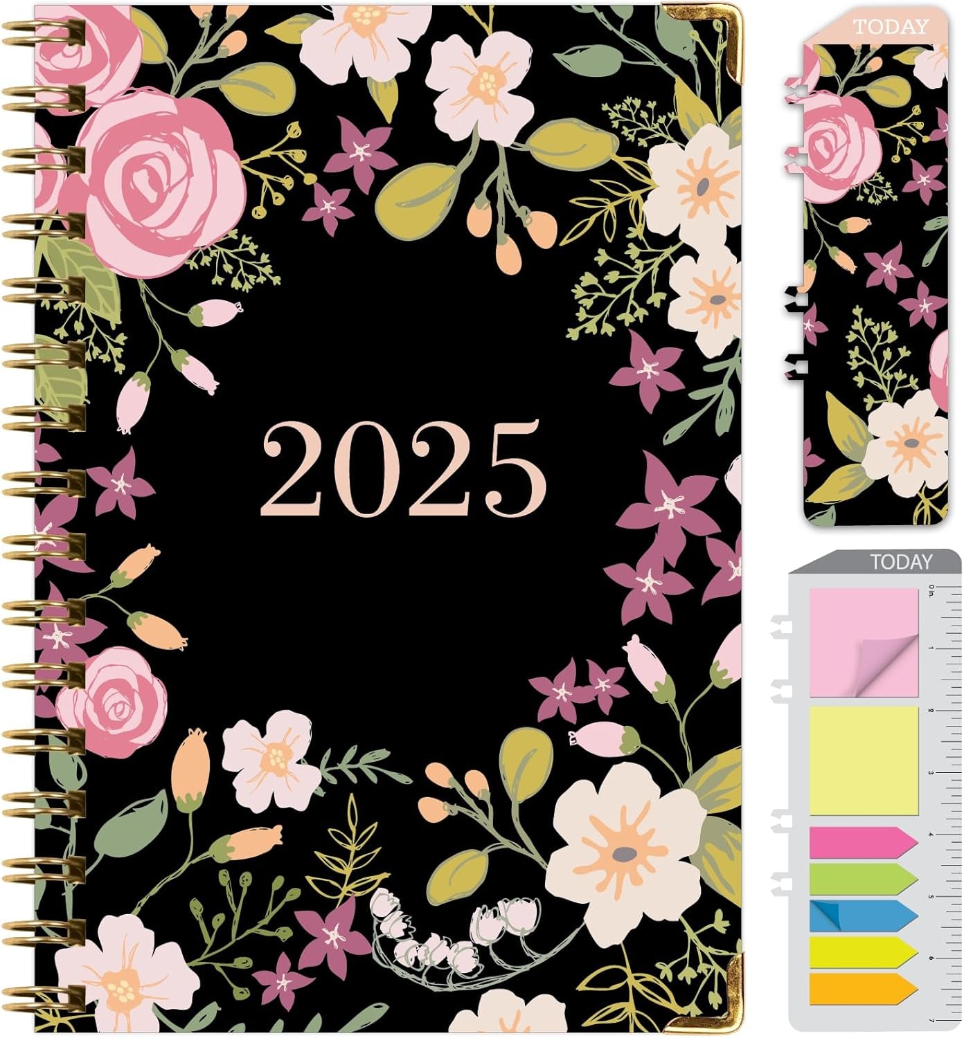 HARDCOVER 2025 Planner, 5.5"X8": 14 Months (November 2024 - December 2025), Daily Weekly Monthly Planner, Yearly Agenda, Bookmark, Pocket Folder and Sticky Note Set (Black Floral Pink)