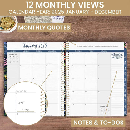 2025 (8.5" X 11") Calendar Year Day Planner (January 2025 - December 2025) - Weekly/Monthly Dated Agenda Organizer with Stickers & Tabs - Garden Party, Navy