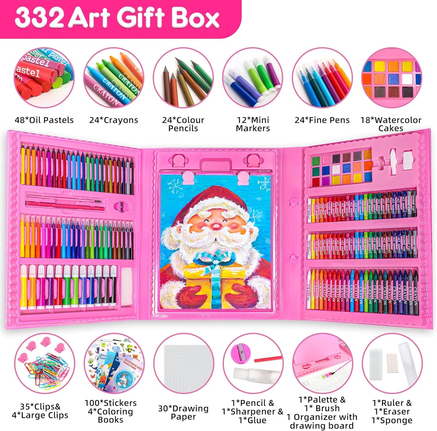 Art Supplies 332 Piece Drawing Art Kit Gifts for Girls Boys Kids Teens Gifts Art Set Case with Double Sided Trifold Easel, Stickers, Sketch Paper, Coloring Book, Pastels, Crayons, Pencils (Pink)