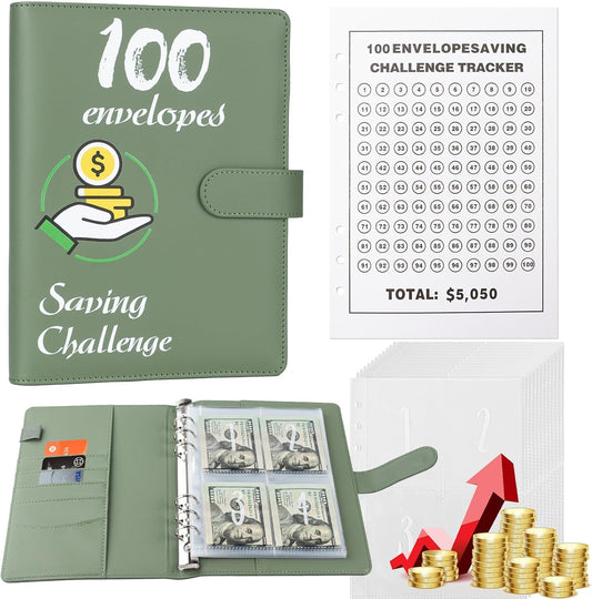 Money Saving Binder,  100 Envelope Money Saving Challenge, Easy and Fun Way 100 Day to save $5,050, Budget Binder Savings Challenge Book with Cash Envelopes for Office Home School (Coin Green)