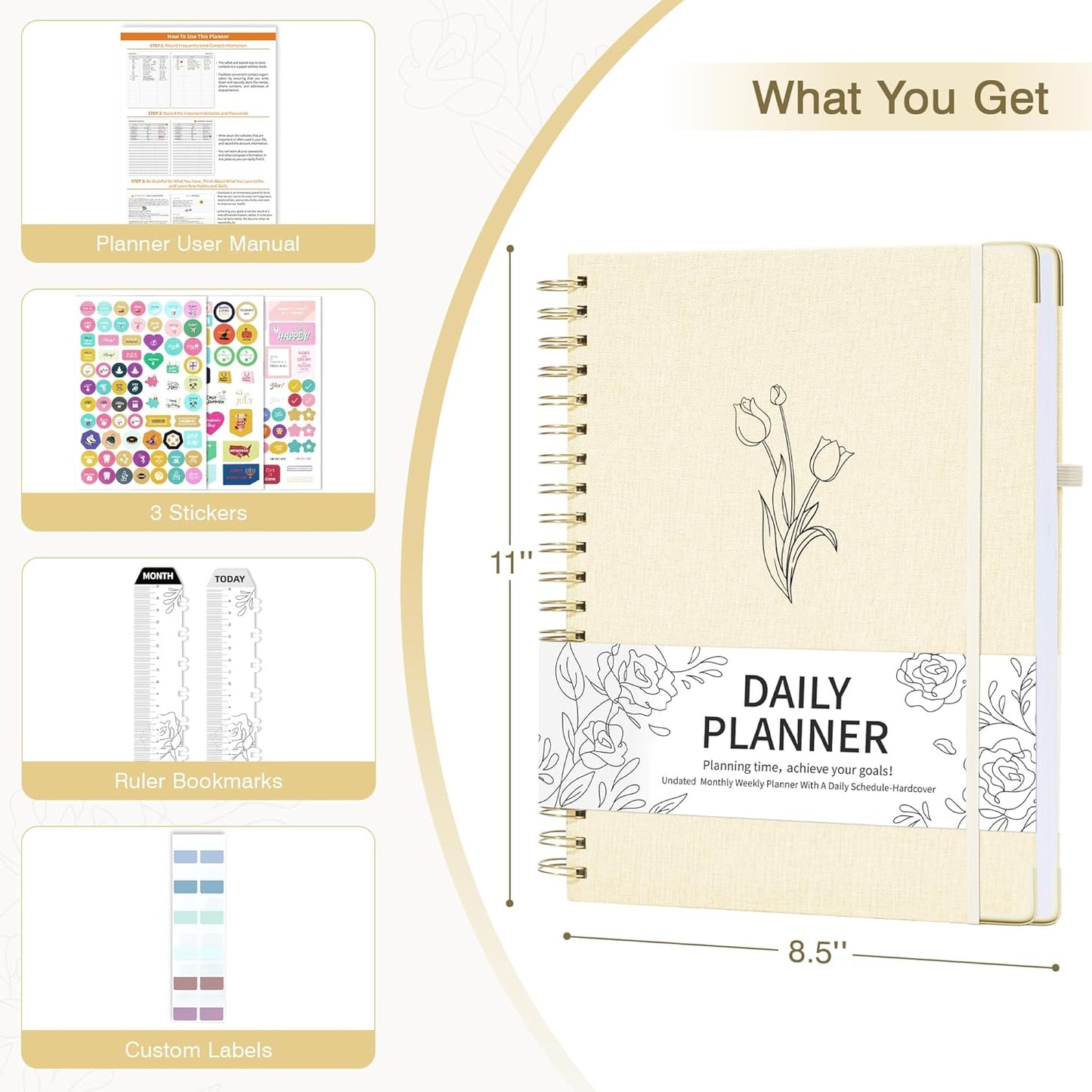 Undated Daily Planner 2024-2025 Spiral Bound, 8.5 X 11 Weekly Monthly Life Planner, A4 Linen Hardcover Organizer Planner with Stickers, Beige