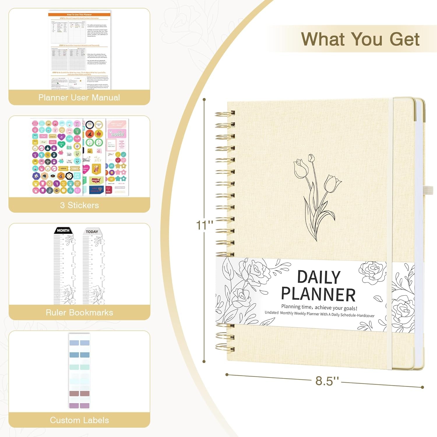 Undated Daily Planner 2024-2025 Spiral Bound, 8.5 X 11 Weekly Monthly Life Planner, A4 Linen Hardcover Organizer Planner with Stickers, Beige