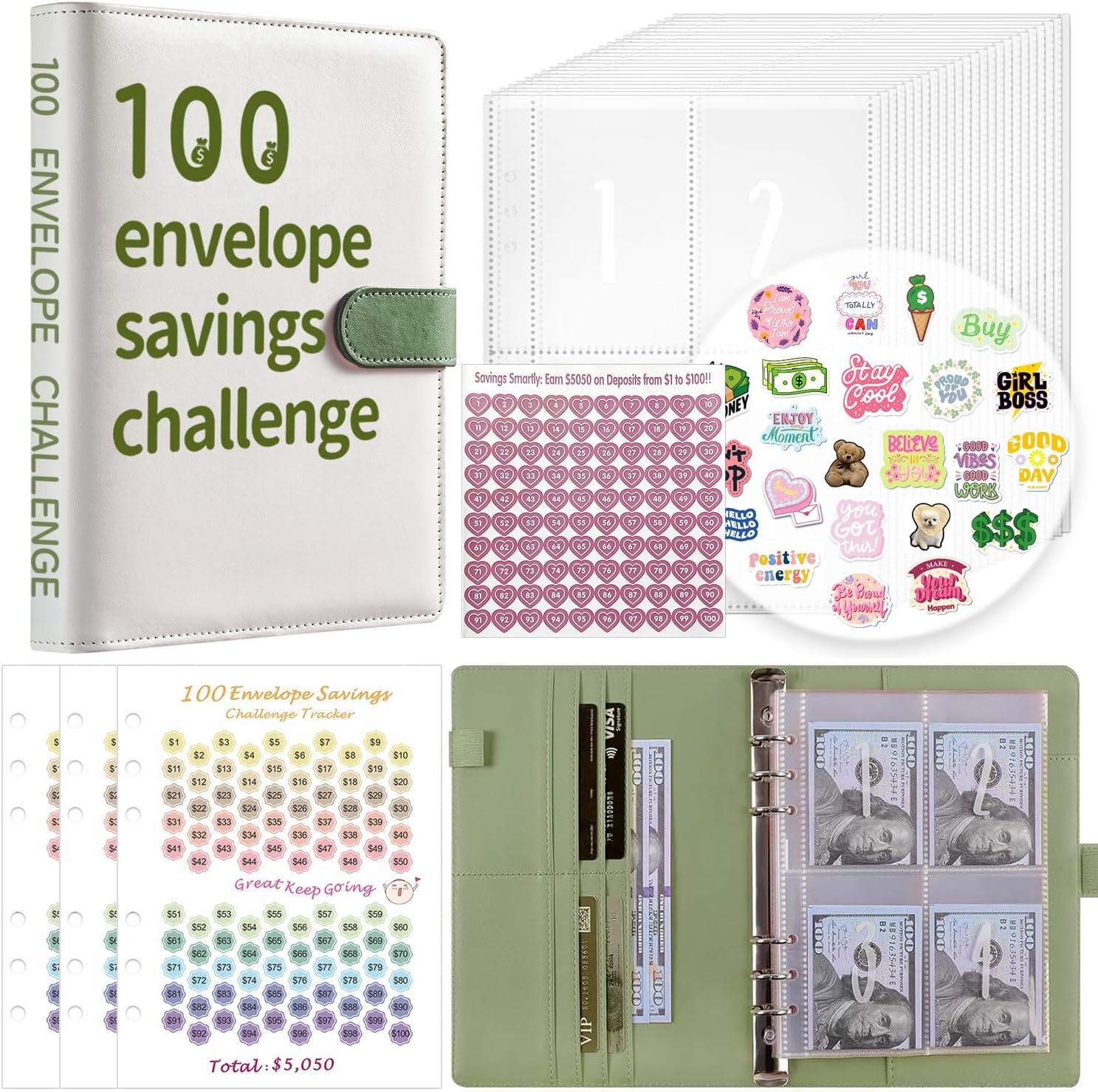 100 Envelopes Money Saving Challenge, 100 Envelope Challenge Binder, A5 Savings Challenges Book with Envelopes, Savings Challenges Budget Book Binder for Office,Home,School (Green)