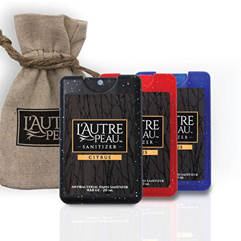 Antibacterial Travel Hand Sanitizer Spray with Aloe Vera by L’AUTRE PEAU - Unique Flat Credit Card Shape - Citrus Scented Mini Sparkle Pocket Size (3 Pack - 20ML, Sparkle Black,Red,Blue)