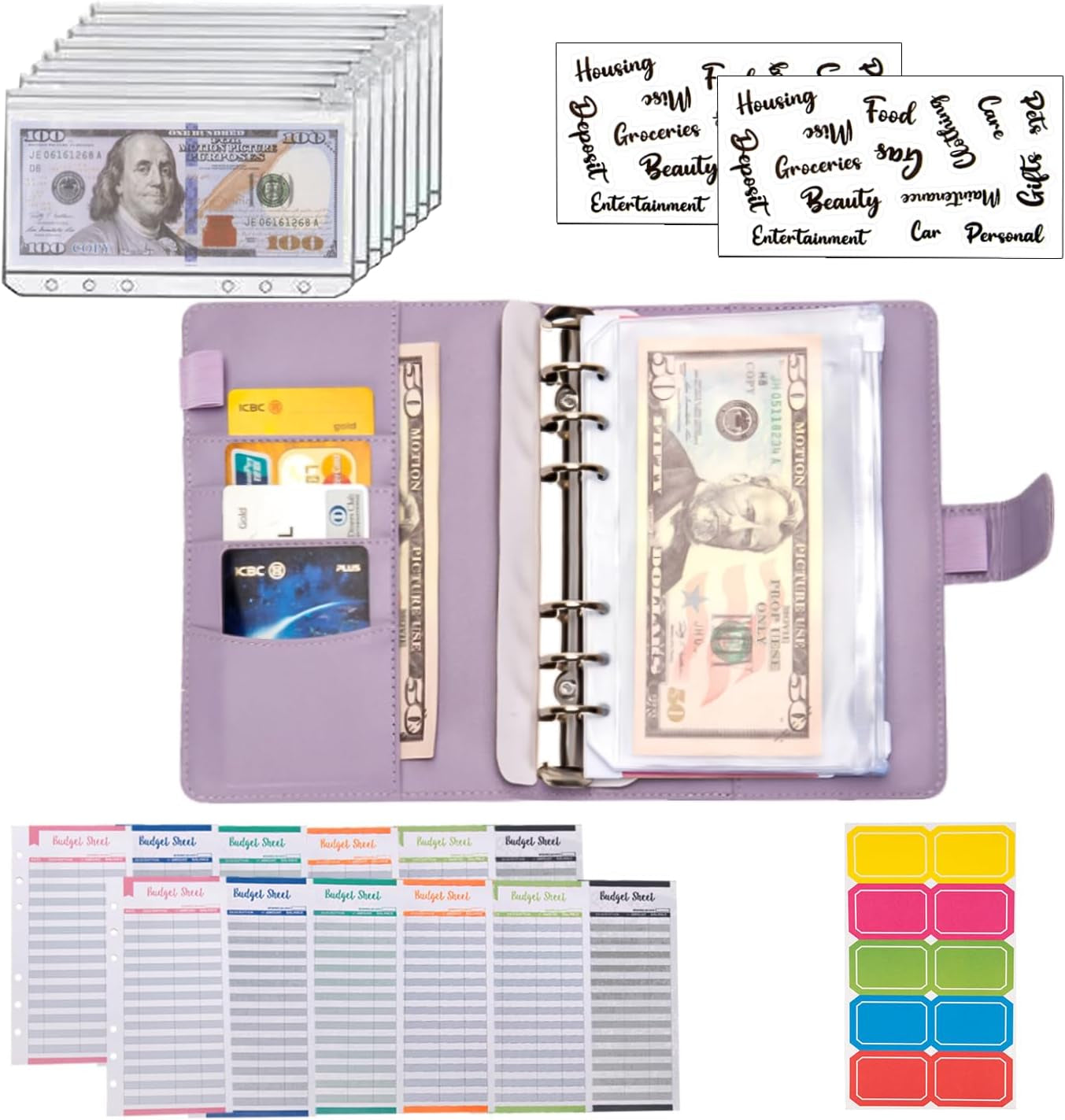 Budget Binder Cash Envelopes for Budgeting Money Organizer for Cash Money Envelopes for Cash Leather A6 Budget Binder with Zipper Envelopes (Purple)