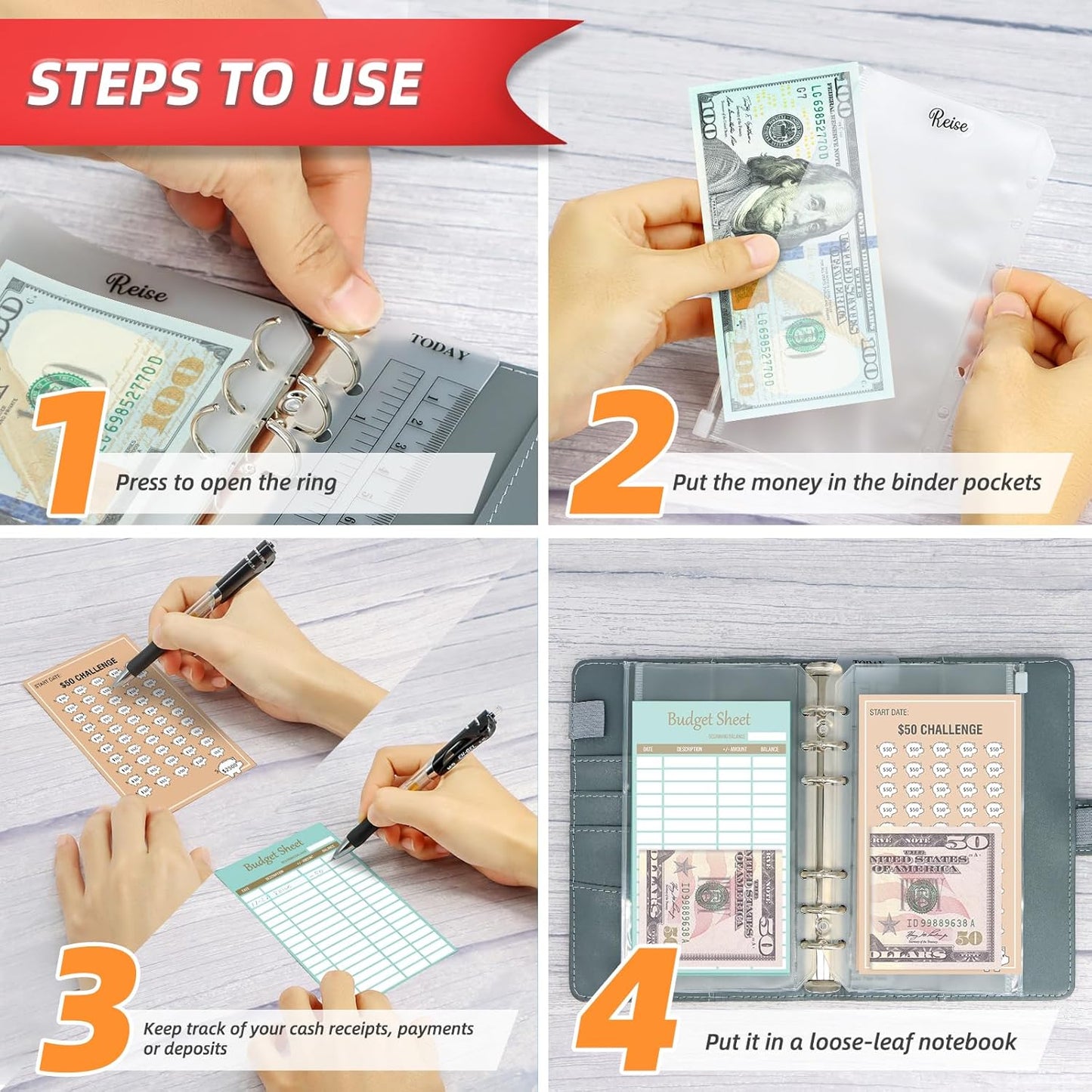 2 in 1 Money Saving Binder, A6 Budget Binder with Money Saving Challenge, 12Pcs Zipper Cash Envelopes, Cash Stuffing Binder for Budget Planner