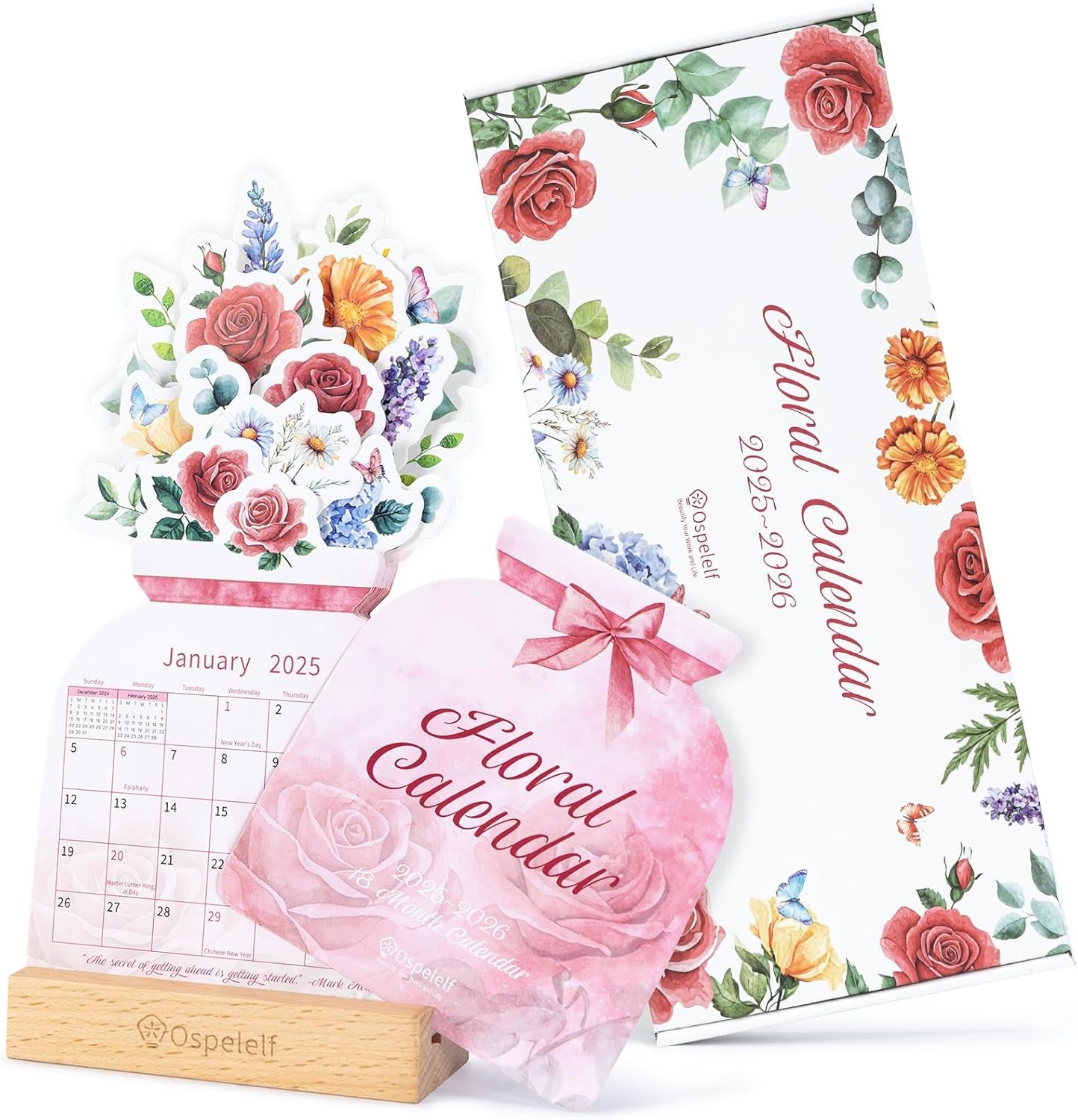 Floral Desk Calendar 2025-2026, Mini Pink Standing Motivational Rose Decorative Calendars, 18 Months, from January 2025 to June 2026, Home Office Decor Desk Accessories