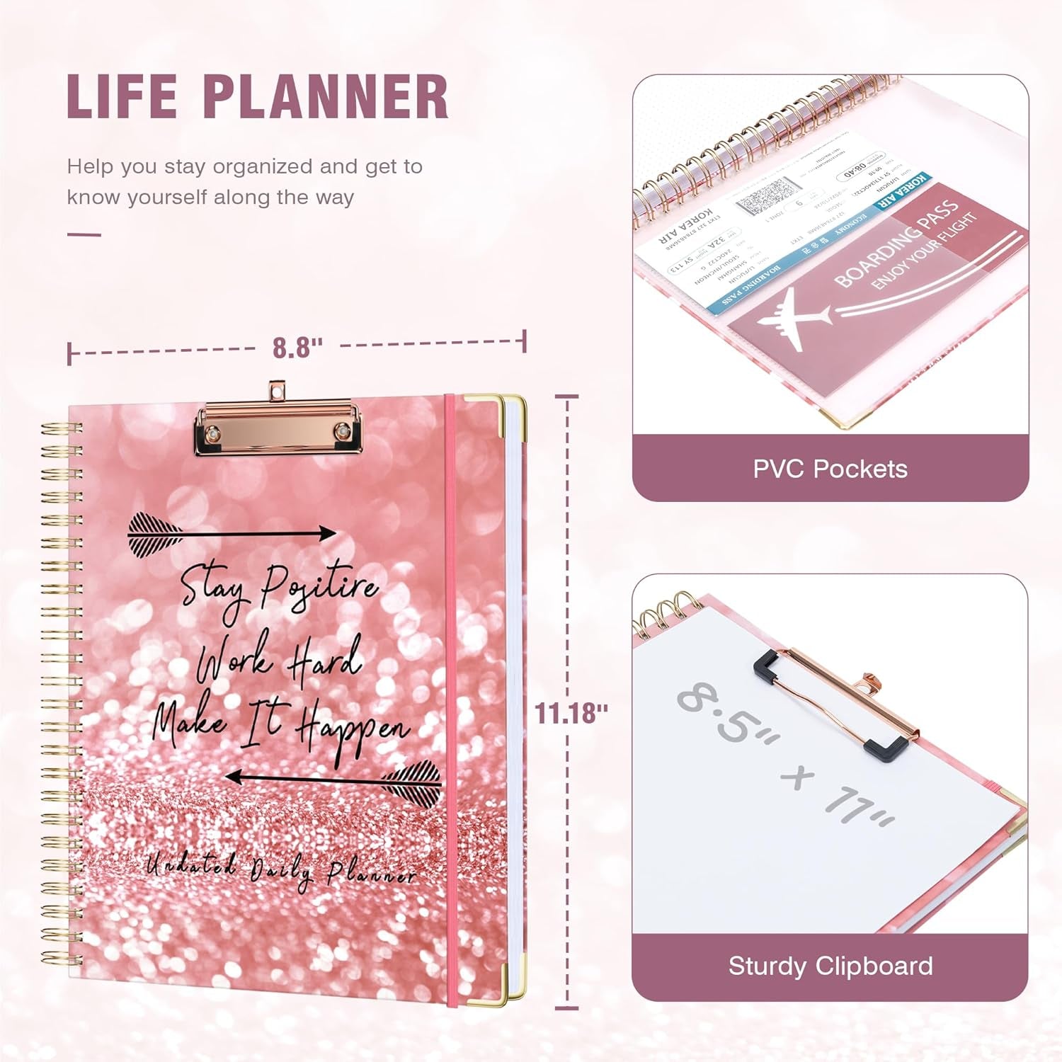 Undated Spiral Bound Planner Daily, Weekly and Monthly Planner, Pink Teacher Planner 12 Month 8.5 X 11