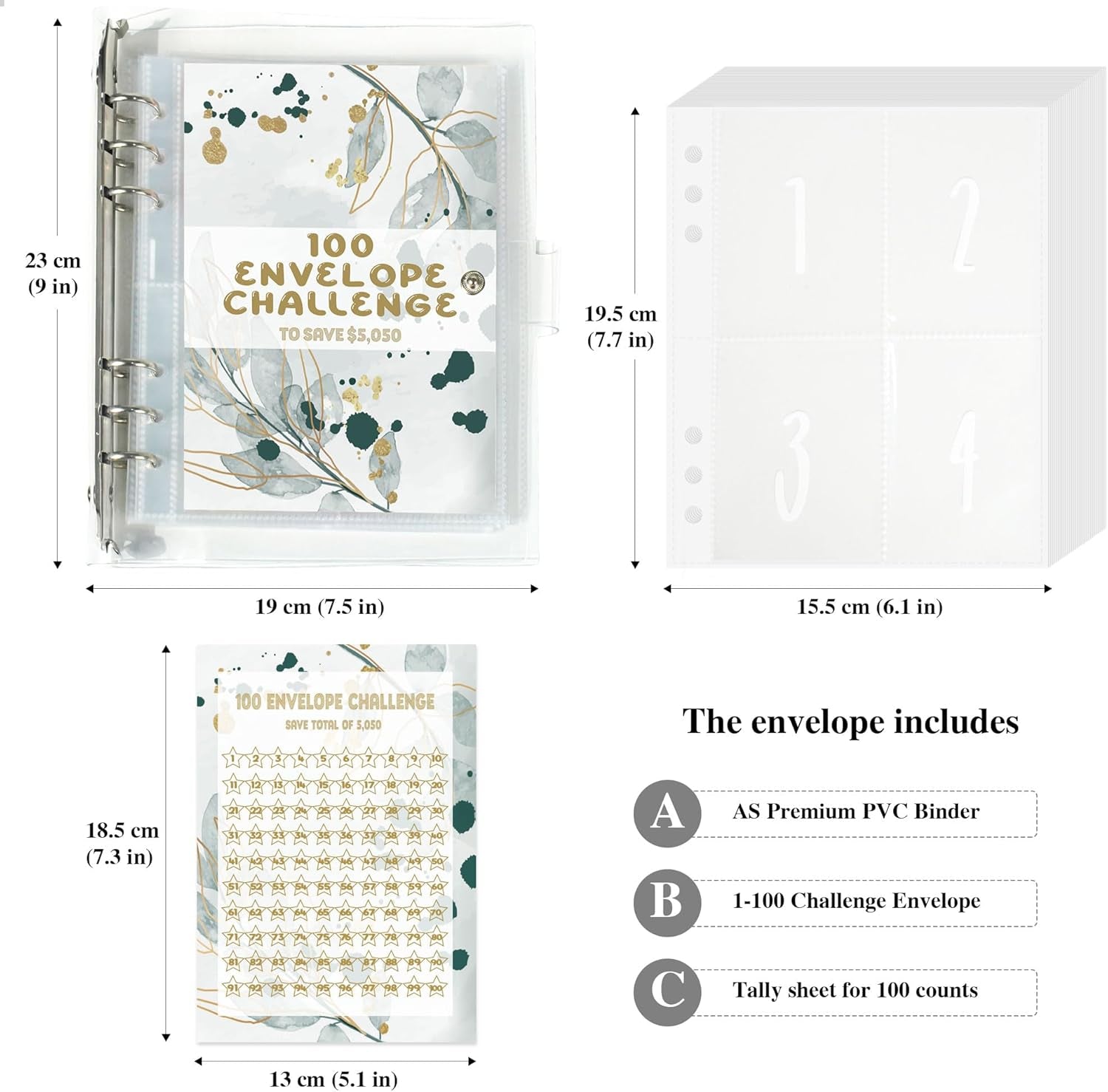 100 Envelope Savings Challenge Binder, Budget Binder for Planning and Saving $5050, Daily Savings Planner, Easy and Fun Way to save $5,050, Greenery