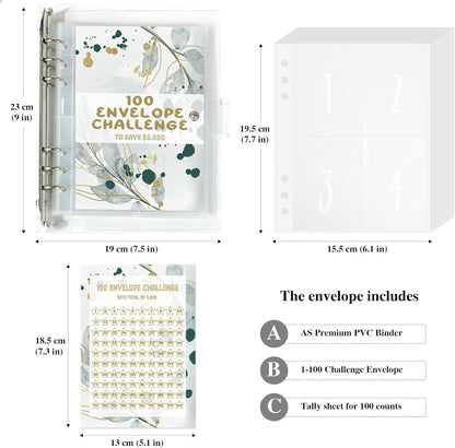 100 Envelope Savings Challenge Binder, Budget Binder for Planning and Saving $5050, Daily Savings Planner, Easy and Fun Way to save $5,050, Greenery