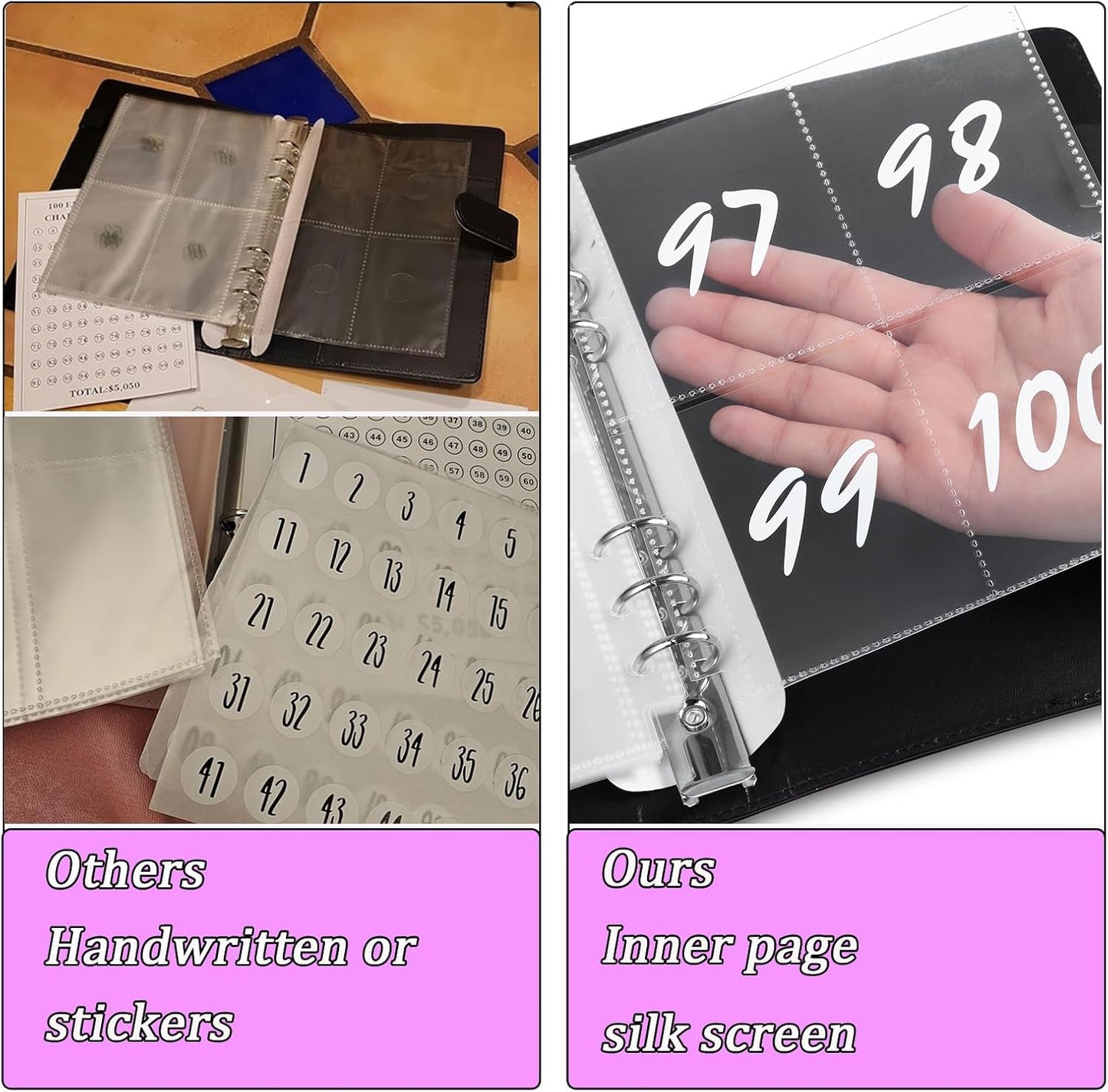 100 Envelope Challenge Binder, 25 Sheets Silkscreen Numbers to 100, Not Stickers, Reusable Tracker, Easy and Fun 100 Envelopes Money Saving Challenge save $5050, Budget Planner & Saving Money (Pink)