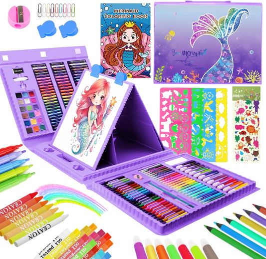 Art Supplies for Kids Ages 4-12,Mermaid Drawing Sets Art Case,Coloring Kits with Double Sided Trifold Easel,Crayon,Colored Pencil,Marker,Coloring Book,Drawing Stuffs Gifts for Girls Age 4-6-8