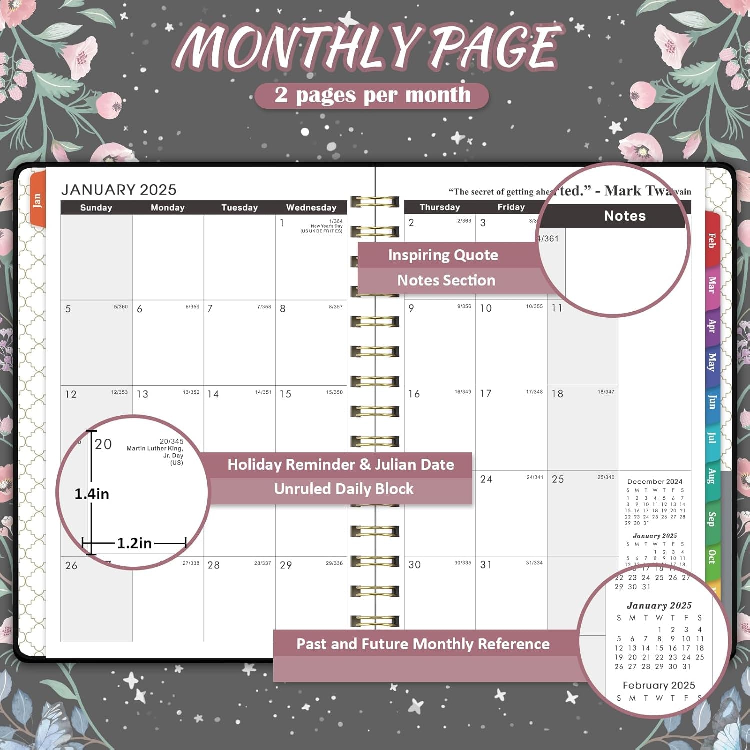 2025 Planner - 2025 Planner Weekly and Monthly with Tabs, Jan. 2025 - Dec. 2025, 6.3" X 8.4", Planner 2025 with Back Pocket + Thick Paper + Twin-Wire Binding - Moon