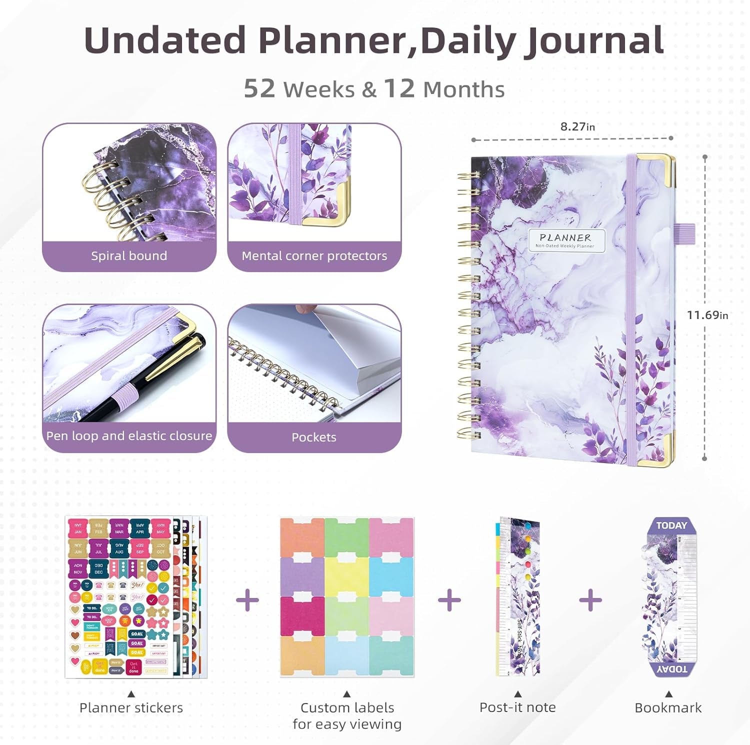 Academic Planner Undated Daily Spiral Binding Weekly Monthly Hardcover Planners with Stickers 12 Months Productivity Aesthetic Journey Letter Size Purple Marble