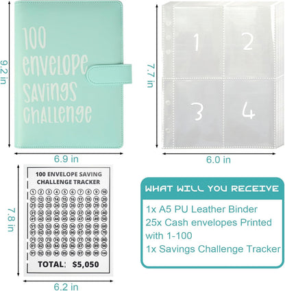 100 Envelopes Money Saving Challenge Binder Budget Planner, Budget Book with Cash Envelopes Savings Challenge, 52 Week Money Saving Challenge Binder, 4 Envelopes per Page, a Total of 25 Pages