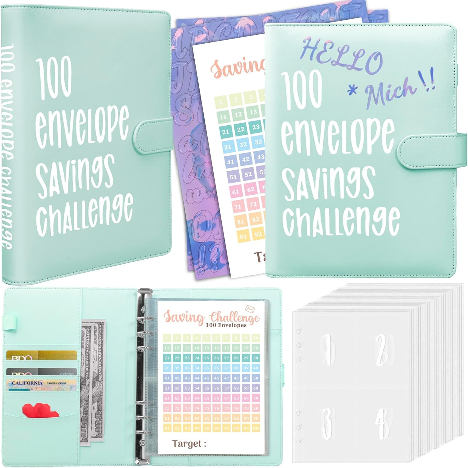 100 Envelopes Challenge Binder, A5 Money Saving Budget Binder with Cash Envelopes, Savings Challenges Book (Blue)