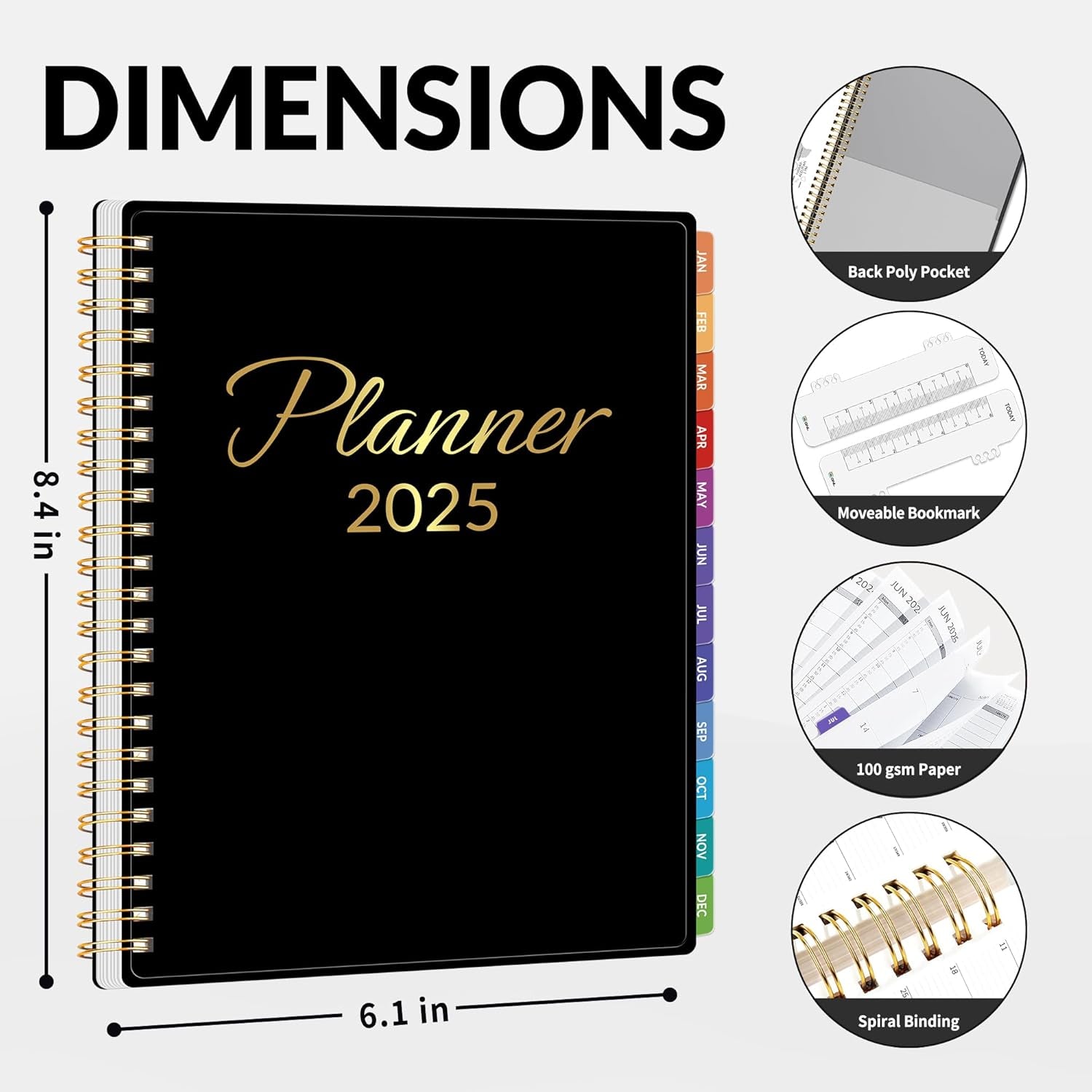 2025 Planner, Weekly and Monthly Planner January - December 2025, 6.4" X 8.3" Monthly Planner with Waterproof Flexible Cover, Spiral Binding Notebook with Monthly Tab, Pockets, Bookmark, Black