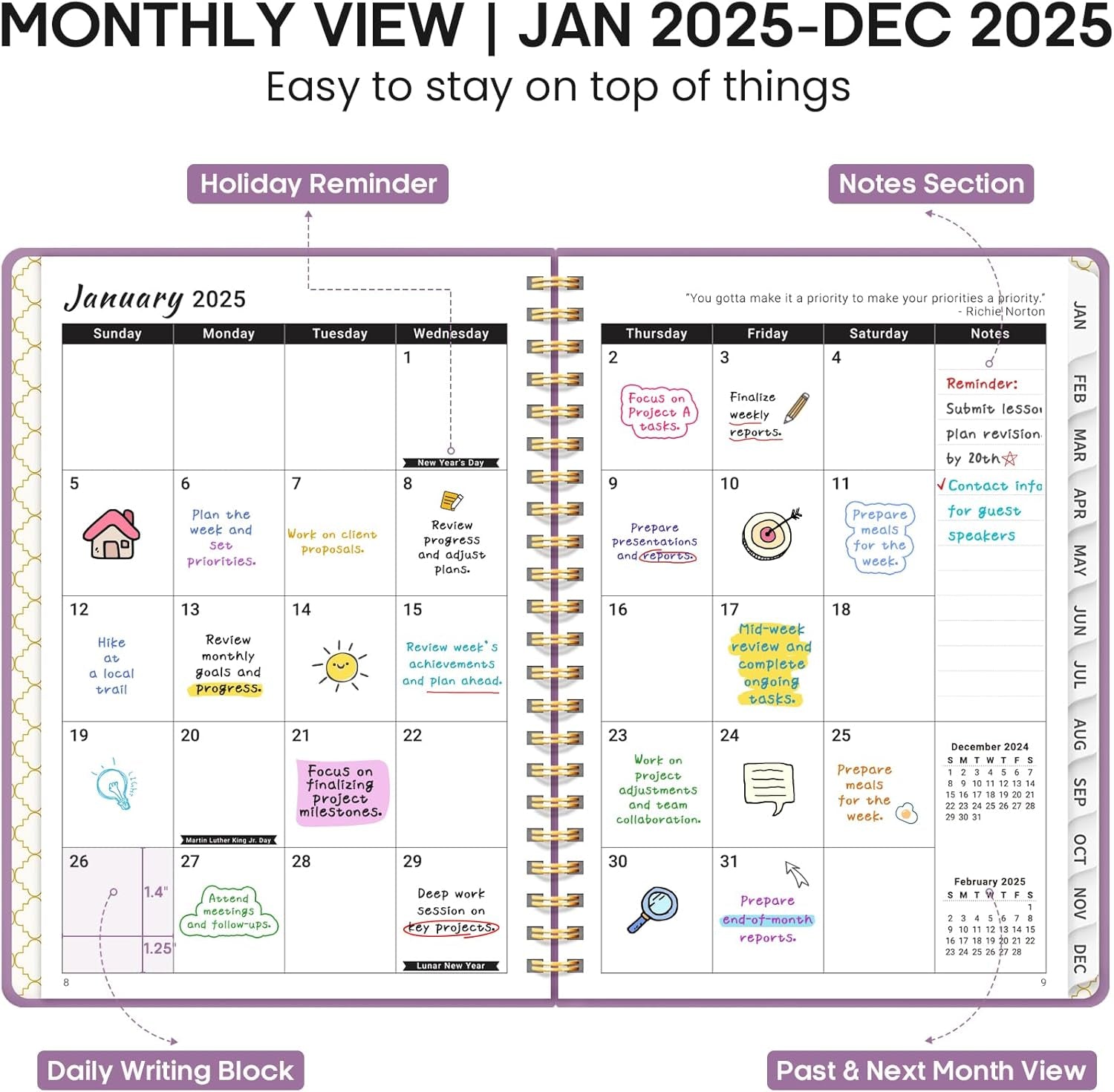 2025 Planner, Weekly and Monthly Calendar Planner Book, January 2025 - December 2025, Hardcover Planner 2025 with Monthly Tabs, Notes Pages, Spiral Bound, Inner Pocket, A5 (6.4" X 8.5") - Purple