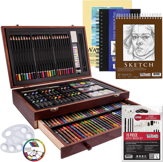 162-Piece Deluxe Mega Wood Box Art Painting and Drawing Set - Artist Painting Pad, 2 Sketch Pads, 24 Watercolor Paint Colors, 24 Oil Pastels, 24 Colored Pencils, 60 Crayons, 2 Brushes