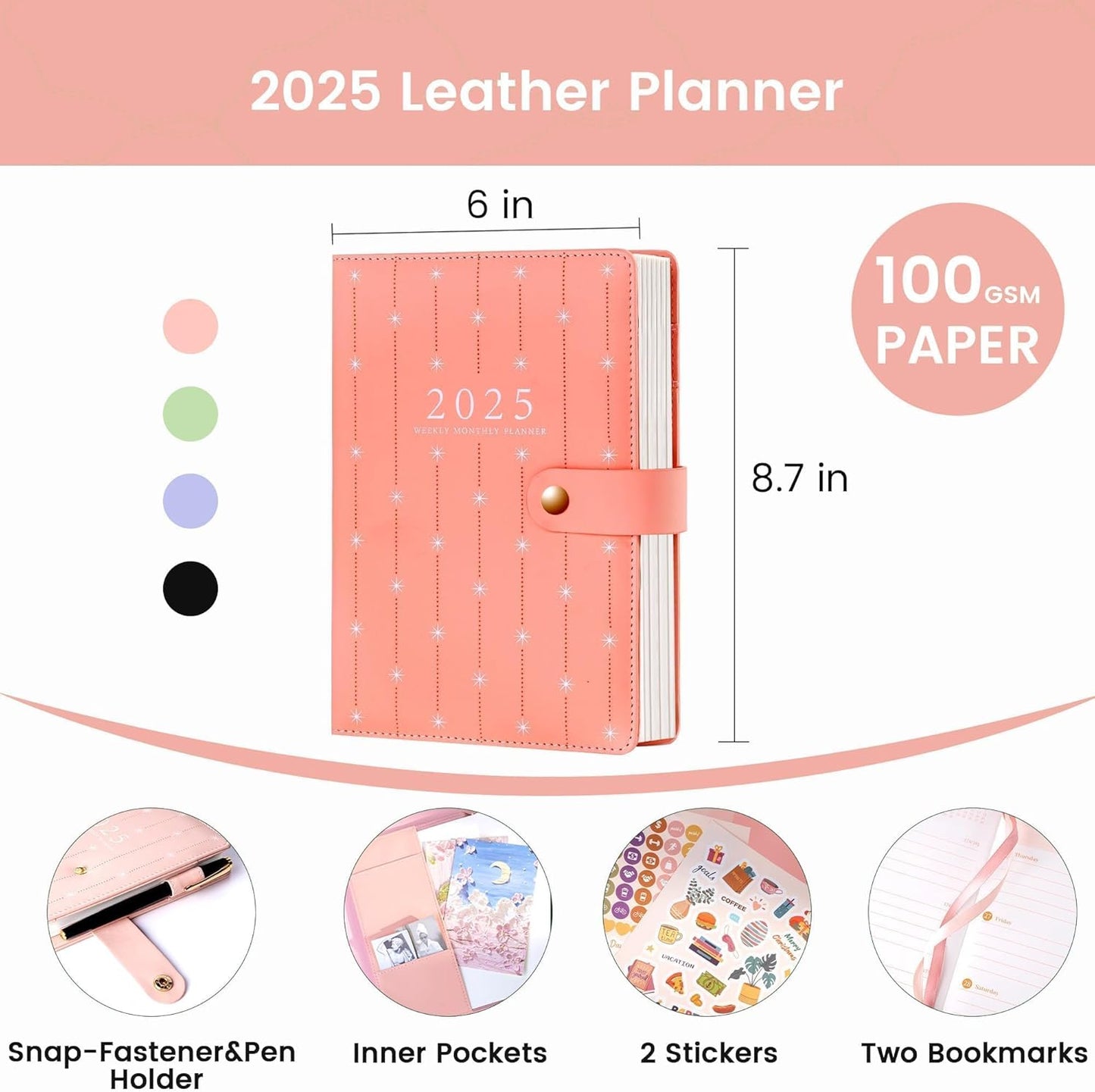 2025 Planners for Women Agenda 2025 Planner Weekly Monthly Jan 2025 - Dec 2025 Small Hardcover Calendar Planner with Gift Box, 2 Stickers, Pen Holder, Pockets, Bookmarks, 5.9" X 8.7", Pink