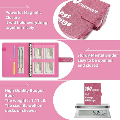 100 Envelopes Money Saving Challenge Book 52 Week Budget Binder with Cash Envelopes to save $10,000, Glitter Pink