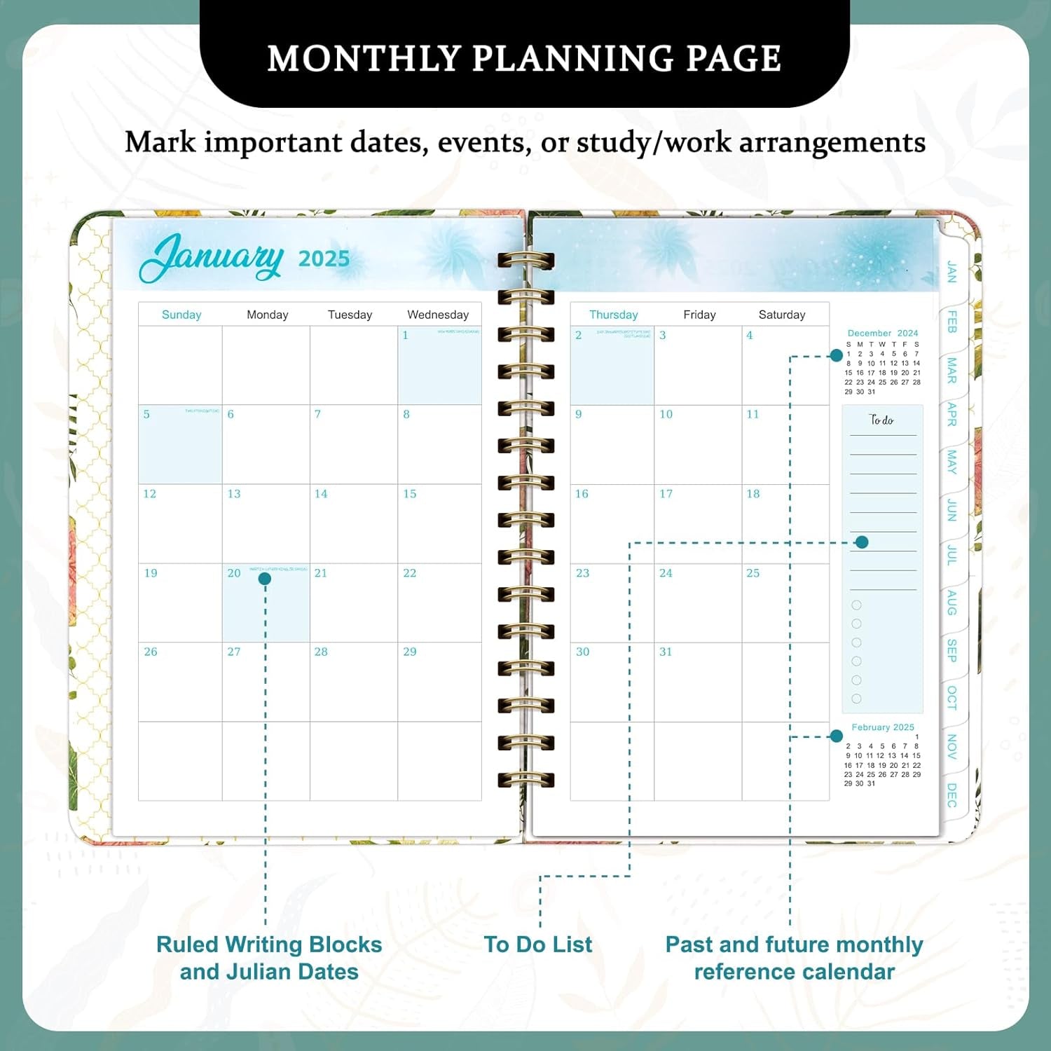 2025 Planner- Weekly and Monthly Planner, January 2025 - December 2025, Spiral Bound Hardcover Calendar Planner Book with Tabs, Inner Pocket, Perfect for School Supplies Office Home , A5 (6.3" X 8.5"), White