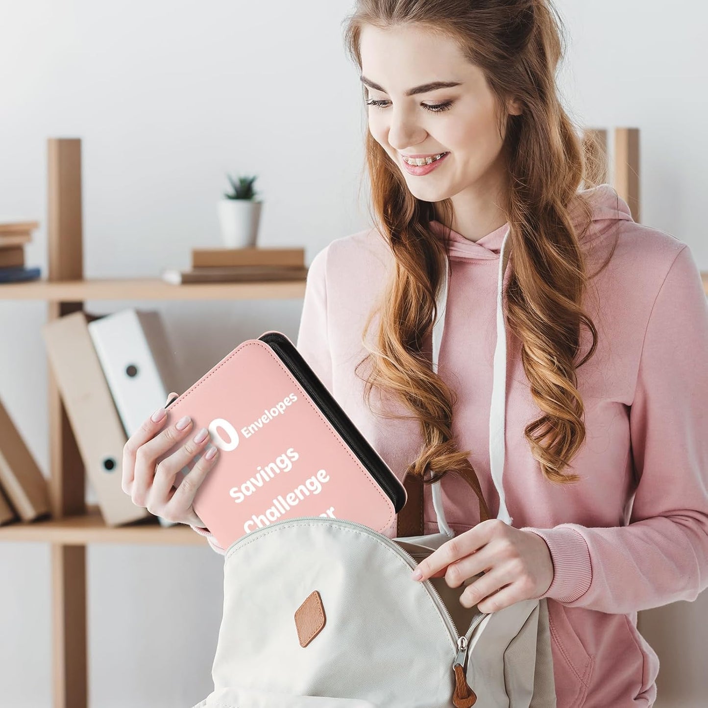 100 Envelopes Money Saving Challenge Binder with Laminated Tracker, Money Saving Challenge Budget Binder with Cash Envelopes, Savings Challenge Book with Zipper to save $5,050 (Pink)