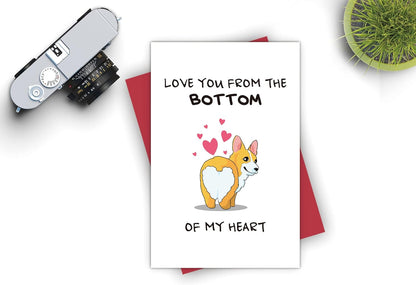 Corgi Love You Card, Cute Valentines Day Card, Birthday or Anniversary Card for Lover Spouse, Love You from the Bottom of My Heart