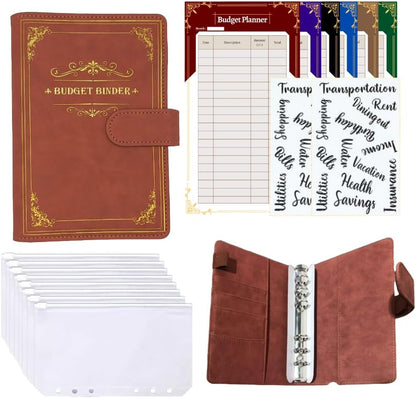 A6 PU Leather Budget Binder with Zipper Cash Envelopes, Expense Sheets & Category Labels| Money Saving Binder & Money Organizer for Cash Budgeting & Saving Money| Cash Envelope Wallet