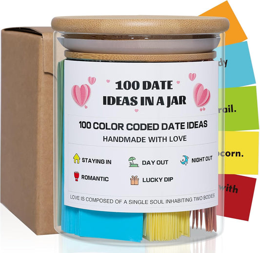 100 Date Ideas in a Jar Color Coded Date Ideas Budget-Friendly Date Jar Wedding/Anniversary/Bridal Shower/Newlyweds Present for Couples