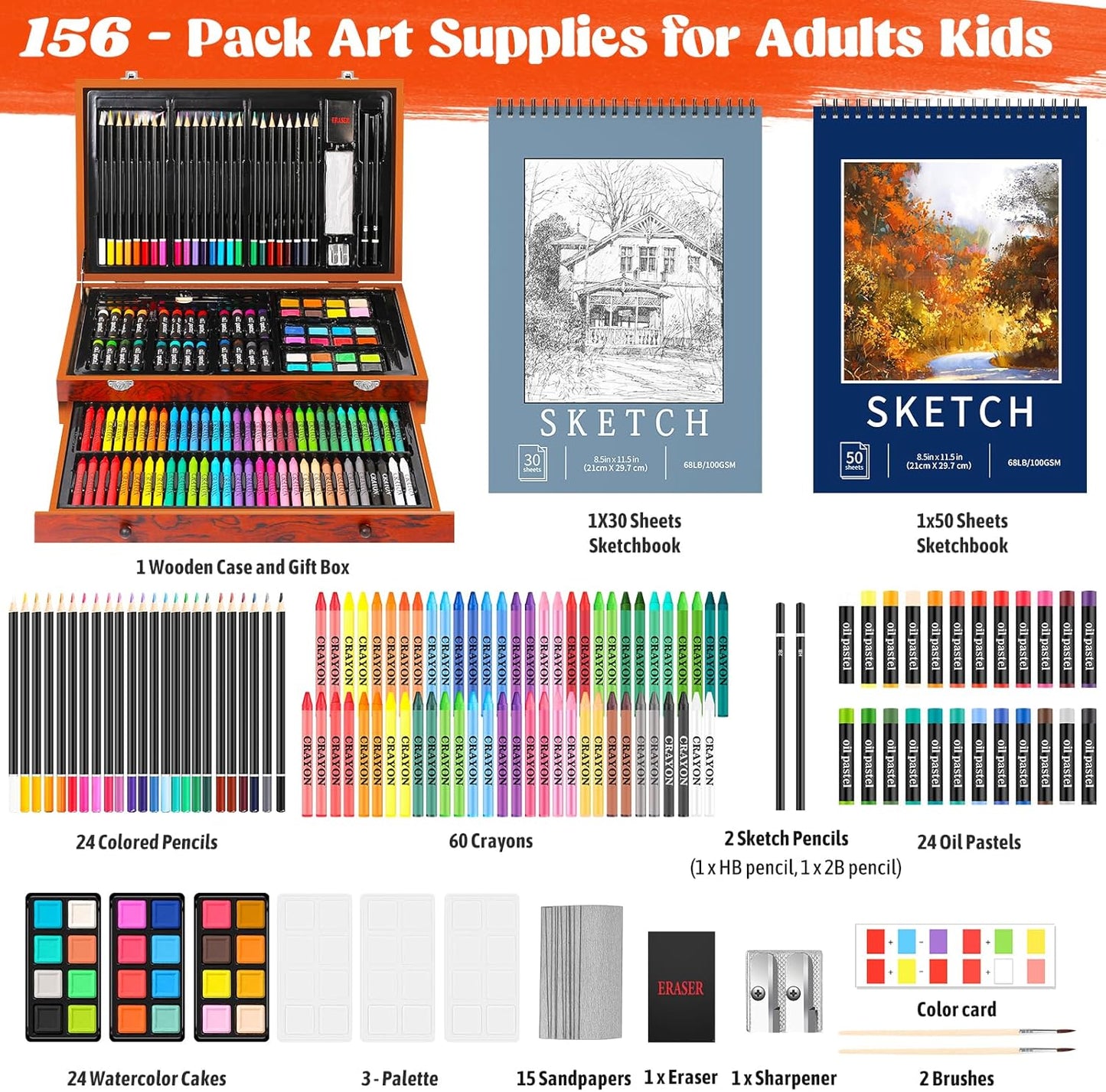 Valentines Day Gifts for Teen Kids,156-Pack Art Kit Drawing Set with 2 Sketch Book, Crayons, Colored Pencils, Arts and Crafts, Easter Gifts Art Supplies for Girls Boys Ages 6-8 9-12 13 14 Year Old