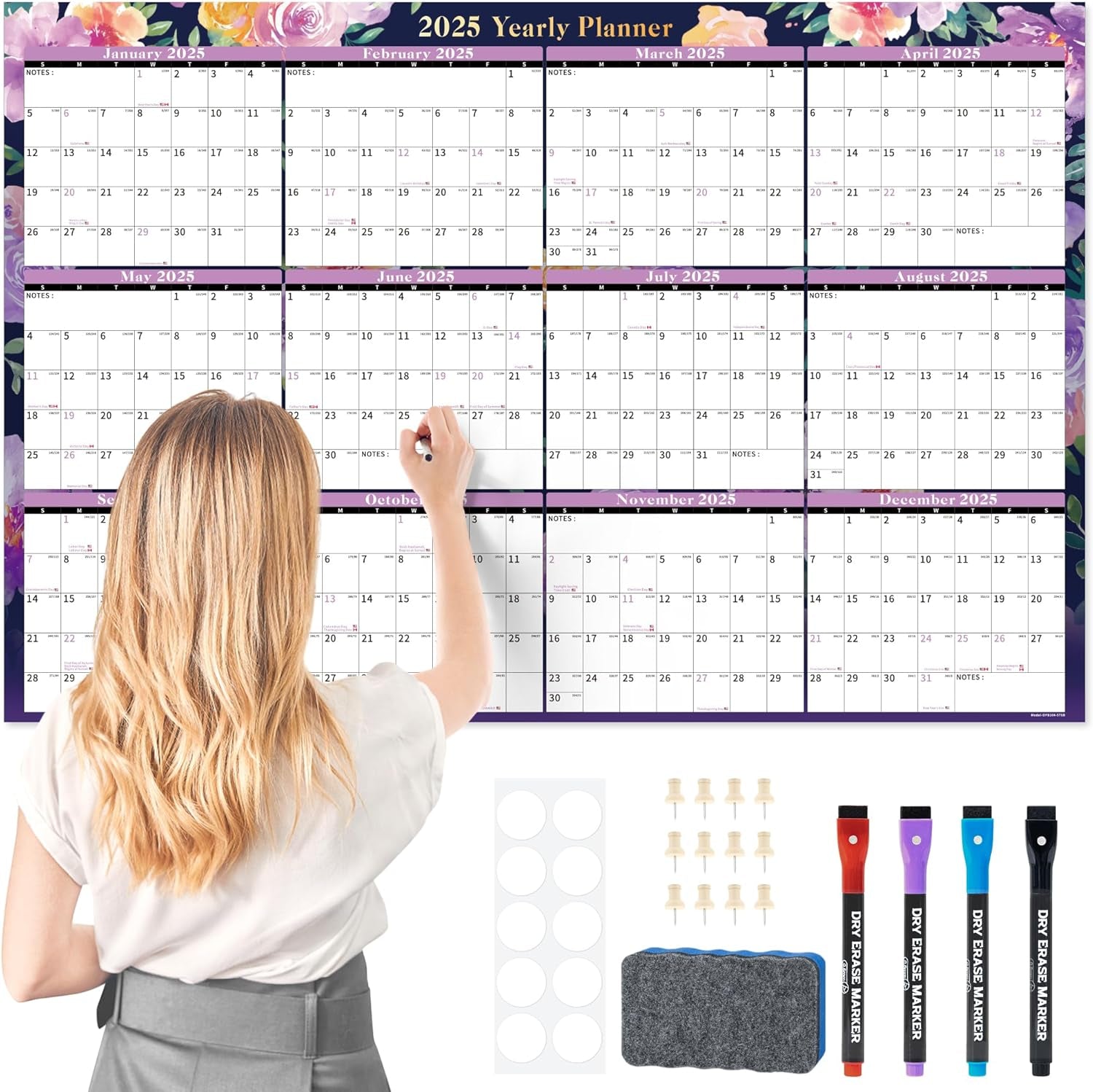 Dry Erase Wall Calendar 2025-2026 Large Laminated Calendar 32'' X 48'' Yearly Office Horizontal 24 Month Calendar, Use July 2025 - June 2026