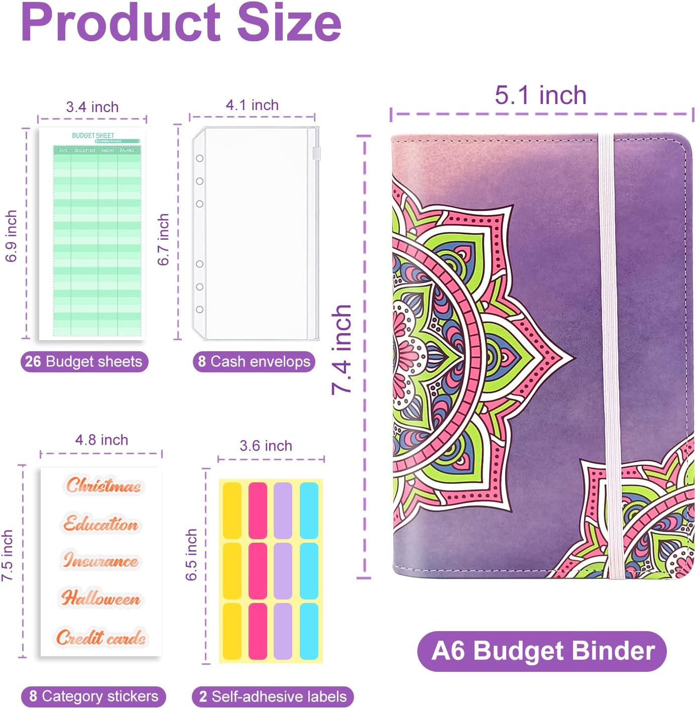 A6 Budget Binder with Zipper Envelopes, Money Bill Organizer for Cash, Money Planner with Cash Envelopes for Budgeting, Money Saving Binder(Purple Mandala)