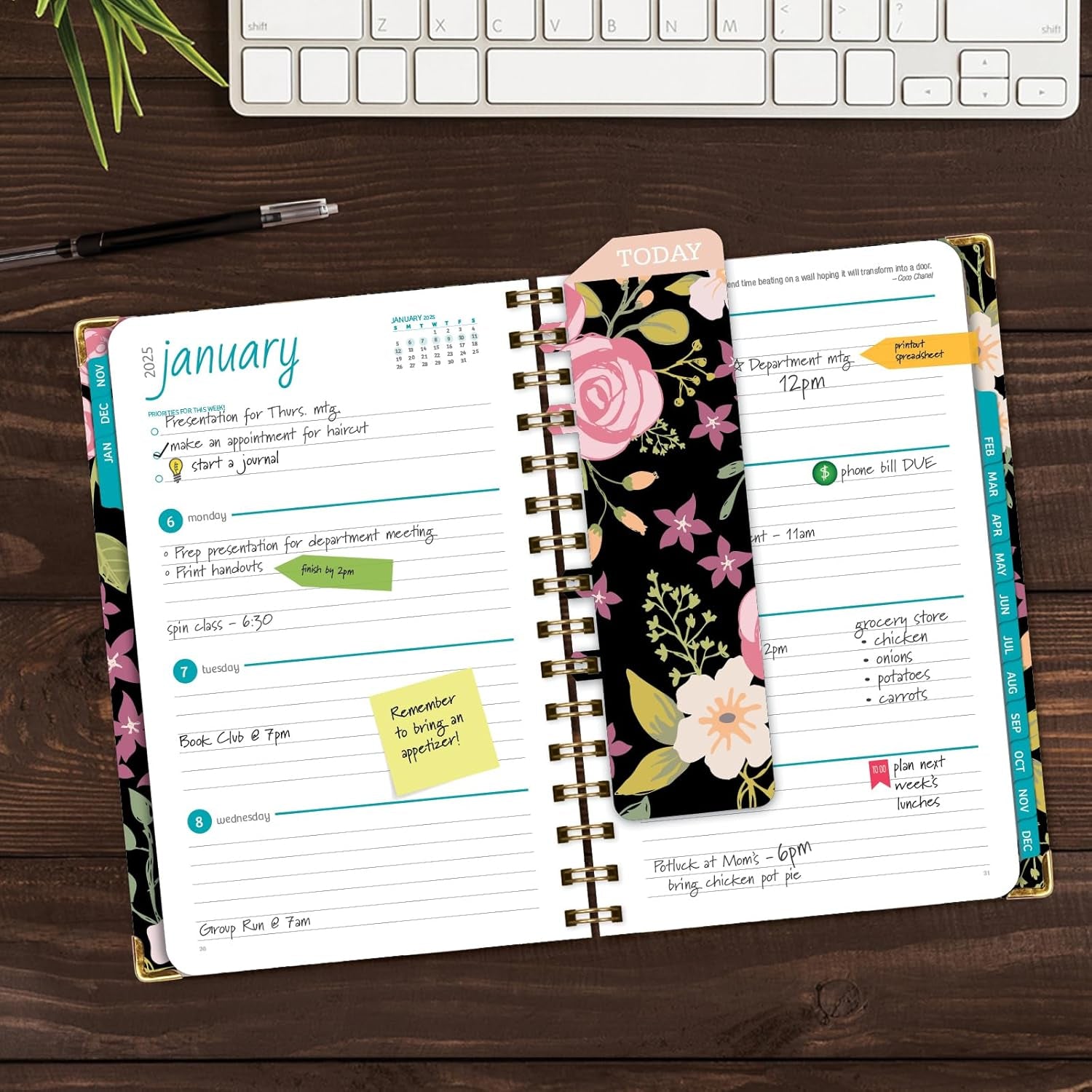 HARDCOVER 2025 Planner, 5.5"X8": 14 Months (November 2024 - December 2025), Daily Weekly Monthly Planner, Yearly Agenda, Bookmark, Pocket Folder and Sticky Note Set (Black Floral Pink)