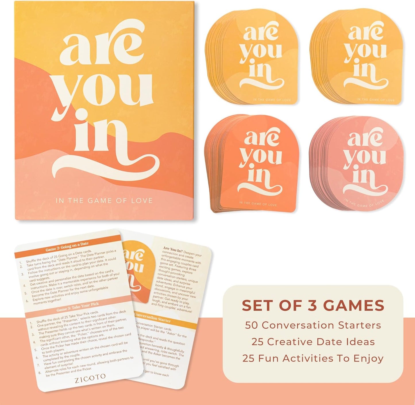 100 Date Ideas and Couples Game Cards - Set of 3 Unique Games for Your Girlfriend, Boyfriend, Wife/Husband, Her/Him as a Gift for Christmas - 25X Date Night Cards, 50X Conversation Starters