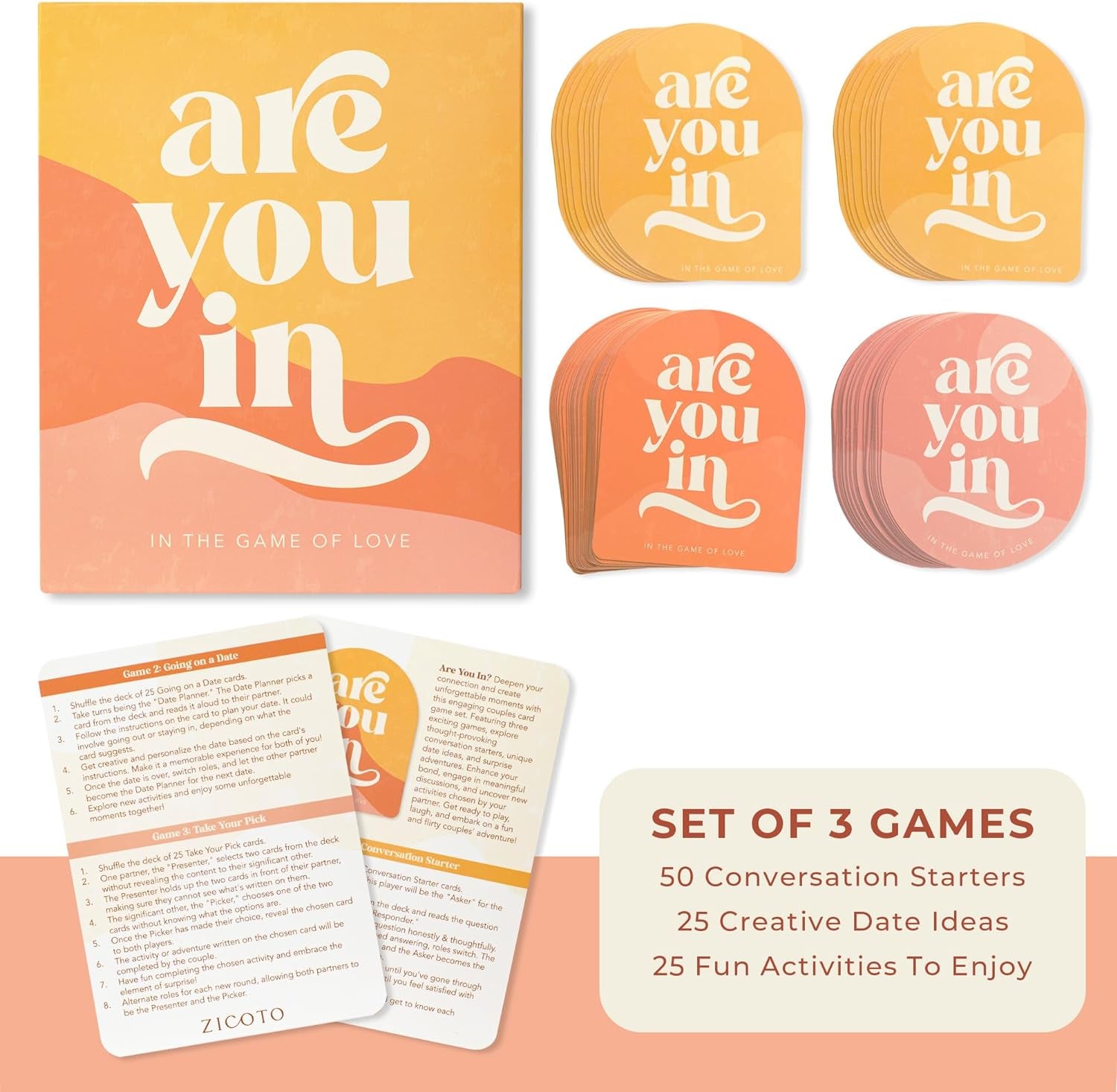 100 Date Ideas and Couples Game Cards - Set of 3 Unique Games for Your Girlfriend, Boyfriend, Wife/Husband, Her/Him as a Gift for Christmas - 25X Date Night Cards, 50X Conversation Starters