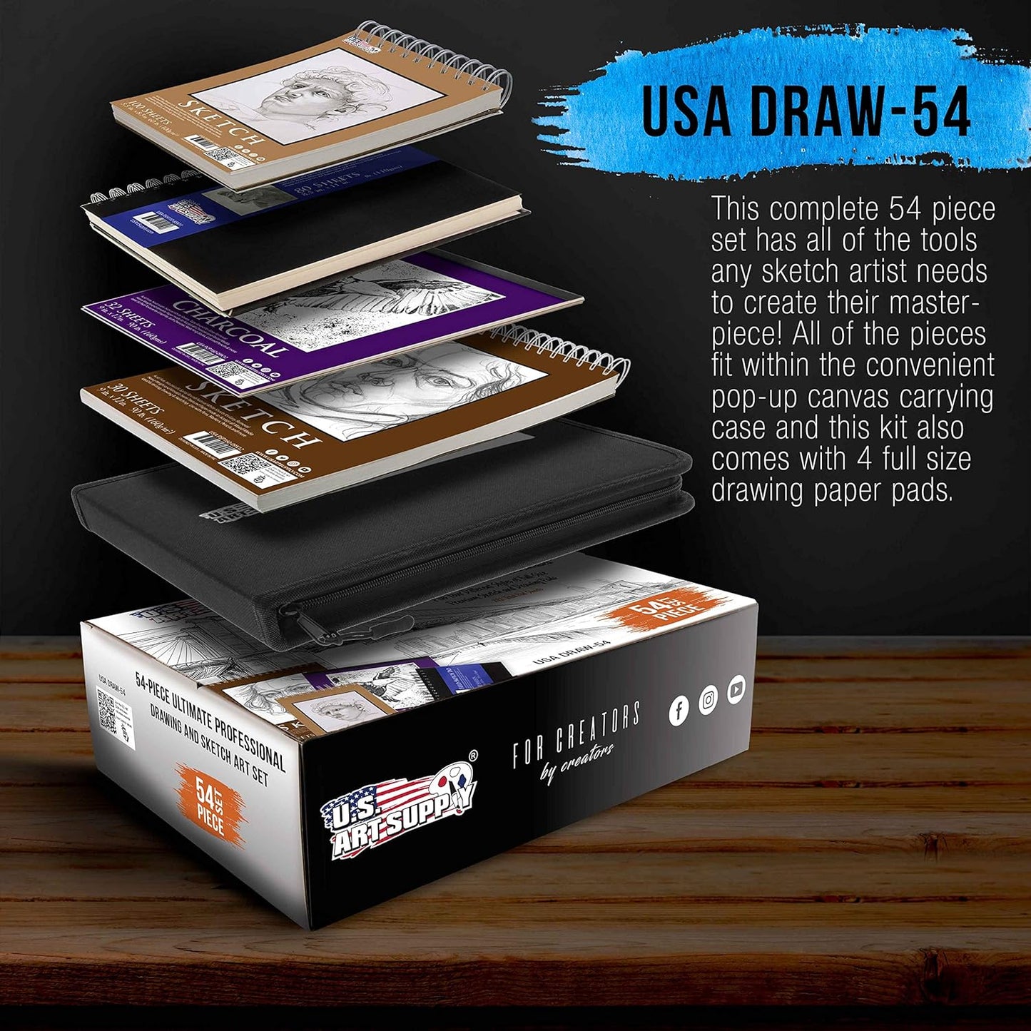 54-Piece  Drawing & Sketching Set with 4 Sketch Pads - Ultimate Artist Kit with Graphite, Charcoal, Pastels, Erasers in Pop-Up Carry Case