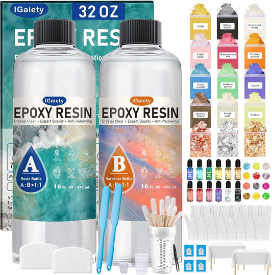 Epoxy Resin 32 OZ, Epoxy Resin Kit, Crystal Clear Resin Not Yellowing Resin Epoxy Kit Self-Leveling & Bubble-Free Resin for Beginner Coating Casting DIY Jewelry Making Art Crafts (16 OZ+16 OZ)