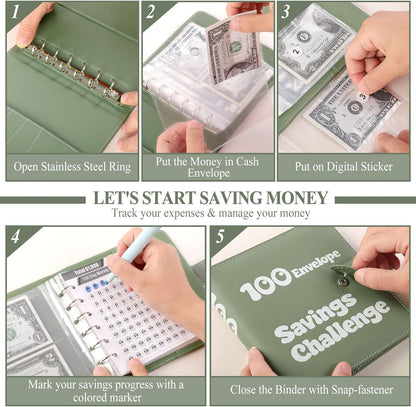 100 Envelopes Money Saving Challenge, Small 1000 Savings Challenge Binder with Cash Envelopes, Budget Binder for Budgeting and Organizing, Easy & Funny Way to save $1000, Green