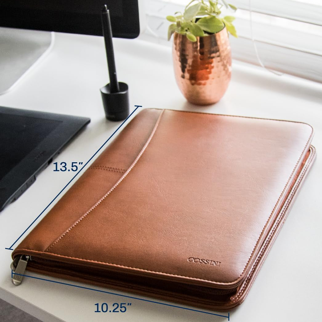 Premium Business Portfolio with Zipper – Padfolio - Superior Business Impressions Begin with PU Vegan Leather, 10.1 Inch Tablet Sleeve, Smart Storage, Solar Calculator, Writing Pad - Tan