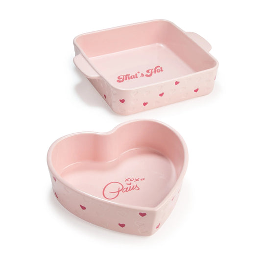 2 Piece Ceramic Baker Set, Square and Heart-Shaped, Stoneware Baking Set, Pink