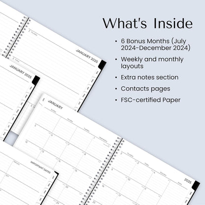 2025 Weekly and Monthly Planner Calendar, January 2025 - December 2025, 8.5" X 11", Clear Pocket Cover, Laminated Tabs, Wirebound, Storage Pocket, Baccara Dark