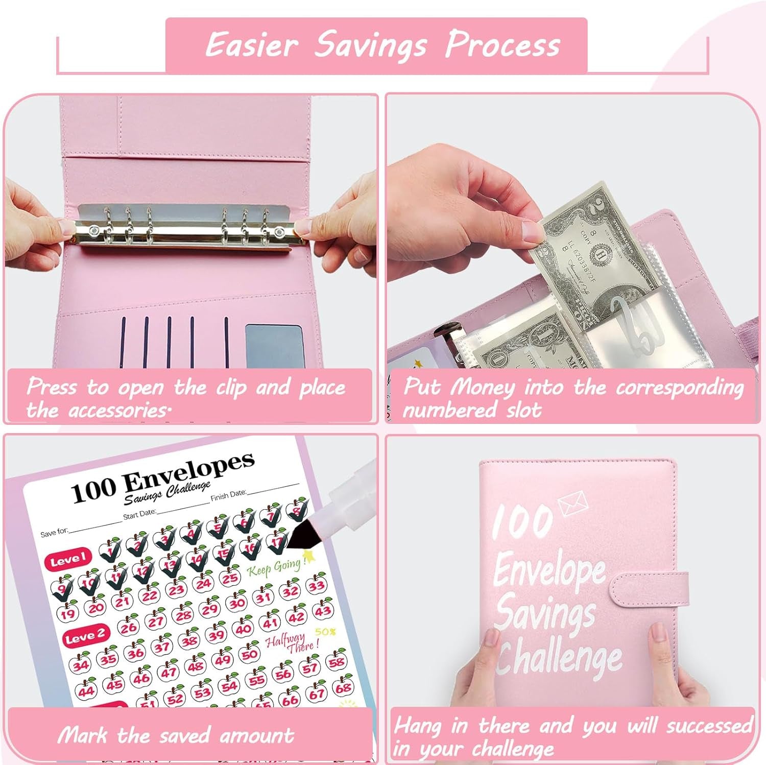 100 Envelopes Money Saving Challenge Binder, A5 Money Saving Budget Binder with Cash Envelopes, Savings Challenge Planner Book, Easy and Fun Way to save $5,050 (Pink)